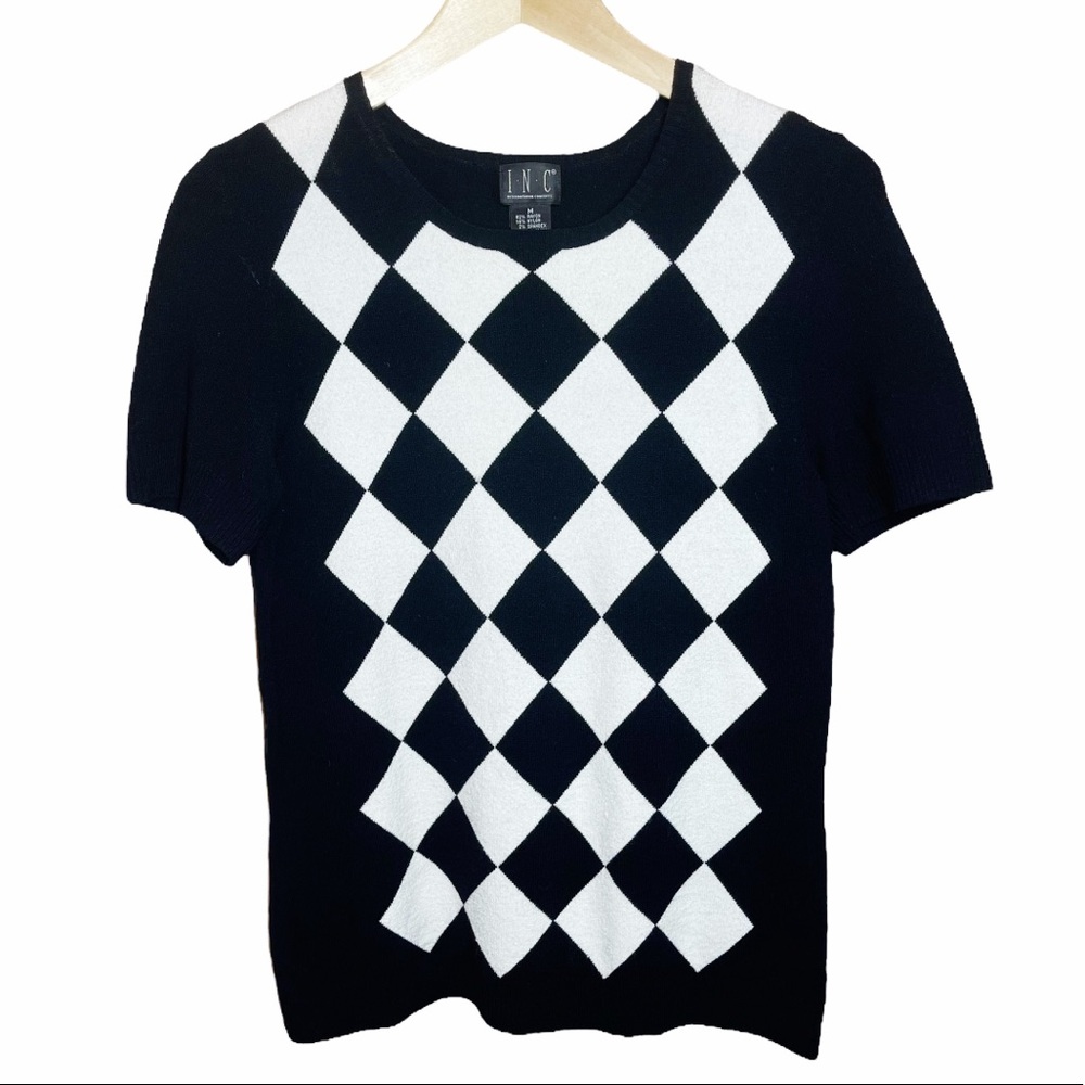 Vintage Black and White Argyle Short Sleeve Top